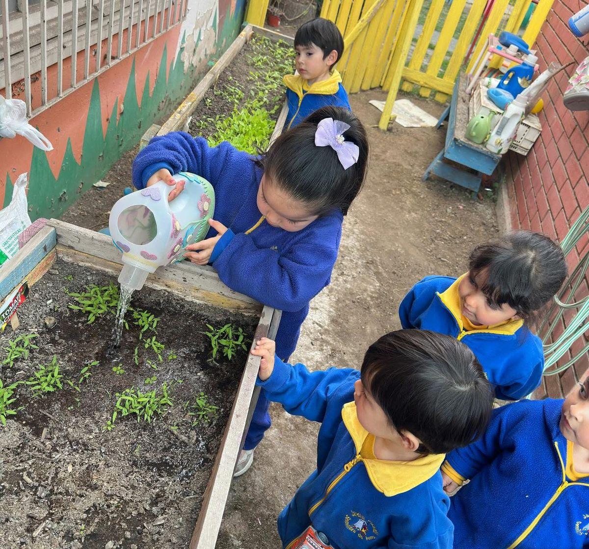 Niños regando plantas en Jardín Infantil Semillitas de Amor